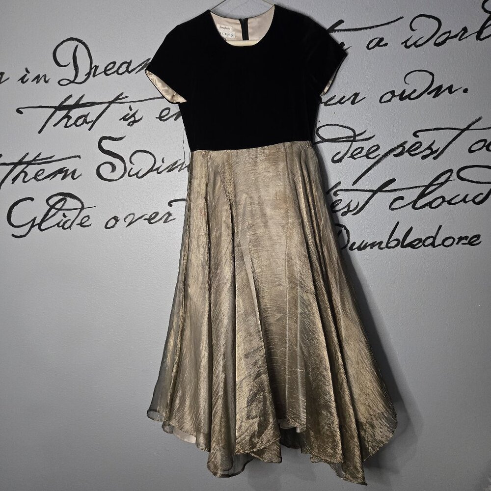 Neiman Marcus Helena Girl's Velvet & Silk Short Sleeve Black & Gold Maxi Dress